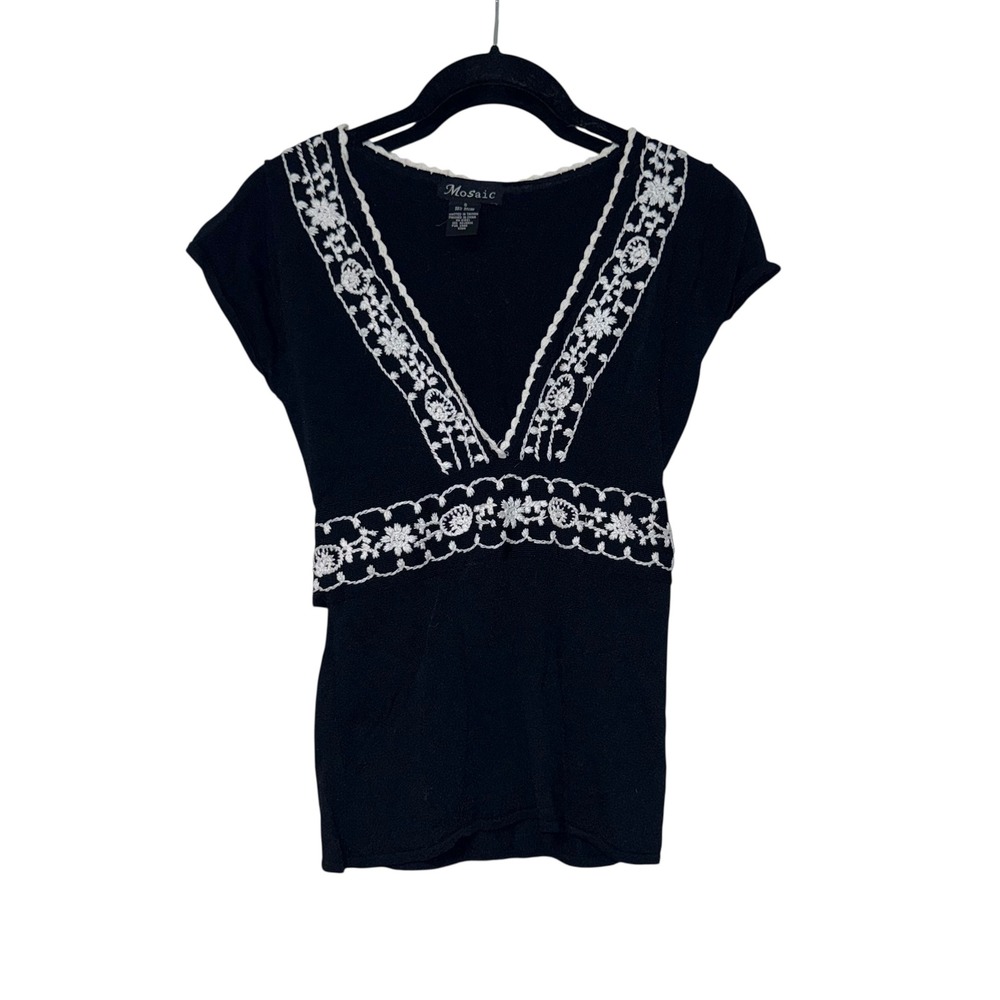 Y2K Mosaic Black V-Neck Cap Sleeve Embellished Tie Back Top Women's‎ Size S